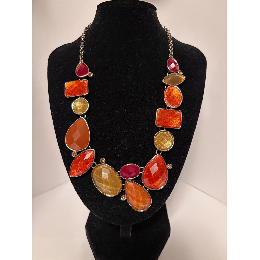 Multi Color Orange Red Yellow Bib Statement Necklace Silver Tone Adjustable